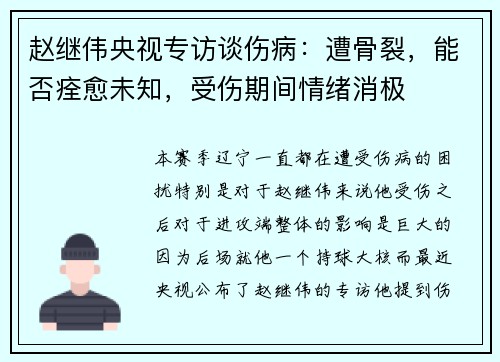 赵继伟央视专访谈伤病：遭骨裂，能否痊愈未知，受伤期间情绪消极